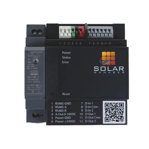 Roth WPS Solar Manager Connect, mit Anschlüssen für RS485-kommunikation und Ausgängen für 0-10V und digitale Signale, angezeigt auf schwarzem Gehäuse.